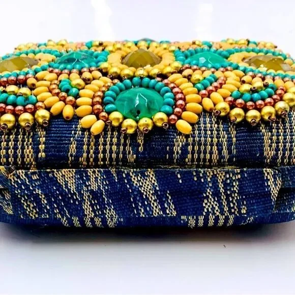 Auth Rafe Minaudière Beaded Boho Canvas Box Clutch Gold-Tone Chainlink Strap - Picture 2 of 15